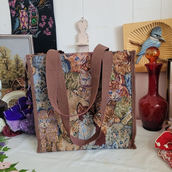 Vintage Handbags - Vintage Cat Tapestry Tote Bag